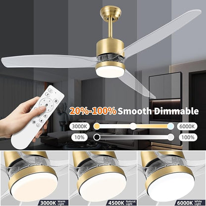 OKELI 52" Smart Ceiling Fan with Light, WiFi Enabled for Alexa & App Control, Reversible Gold Modern Ceiling Fan with Dimmable LED Light and Remote, Clear Blades for Living Room Bedroom