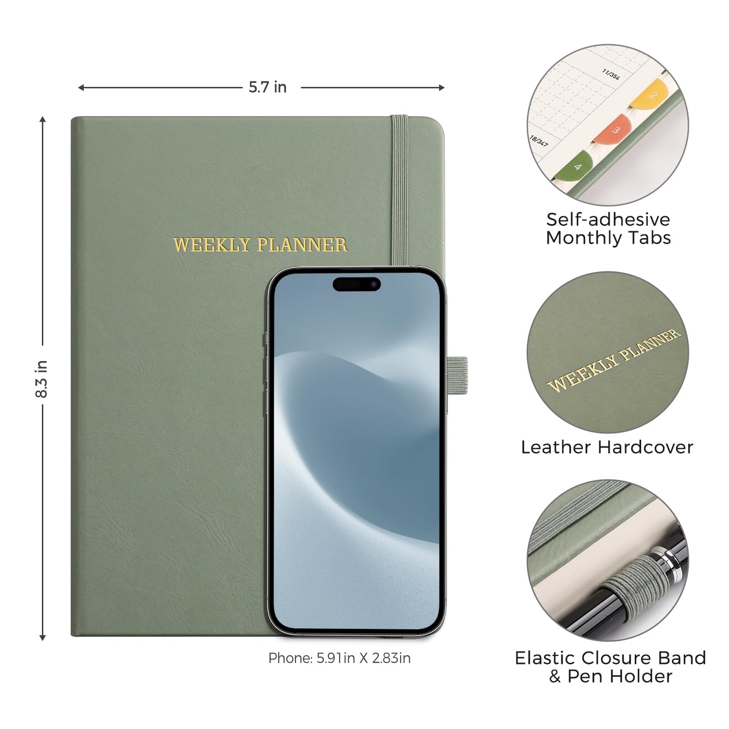LOAPEM Undated Appointment Book, Hourly, Daily, 52 Weekly & 12 Monthly Planner, 6 AM - 8 PM, Medium Size (5.7" x 8.3"), Leather Hardcover, 12 Self-adhesive Monthly Tabs (Light Green)