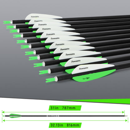 Powants 31inch Carbon Arrow Archery Targeting Practice Hunting Arrows for Compound & Recurve Bow with Removable Tips(Pack of 12) (Green)