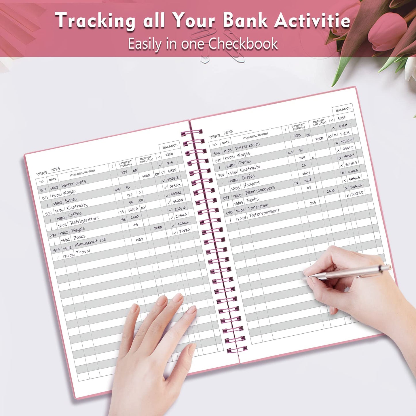 Check Registers for Personal Checkbook, Spiral Large Check Register Book, Budget Planner with Check Register for Personal and Work, 7.5'' x 10'' - Pink