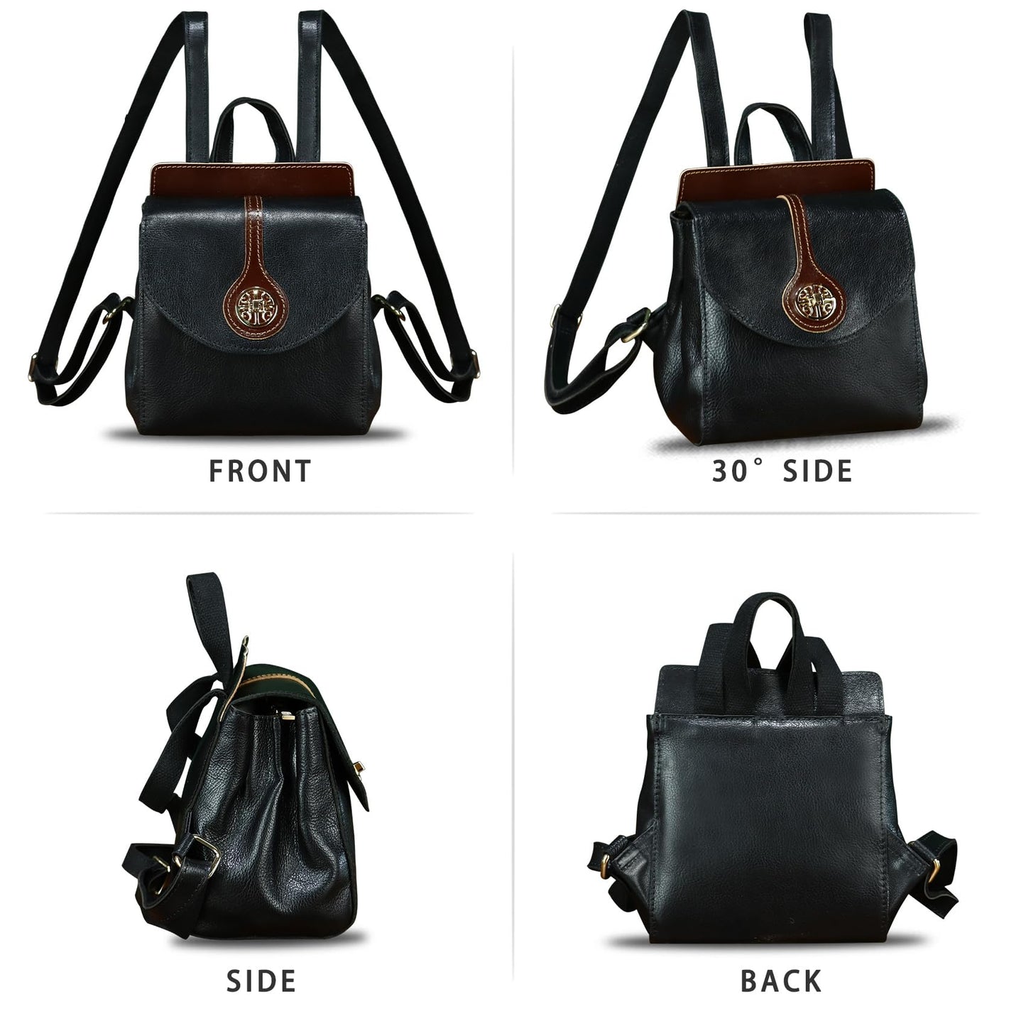 LRTO Genuine Leather Small Backpack Purse for Women Knapsack Casual Daypack College Back Bag (Black)