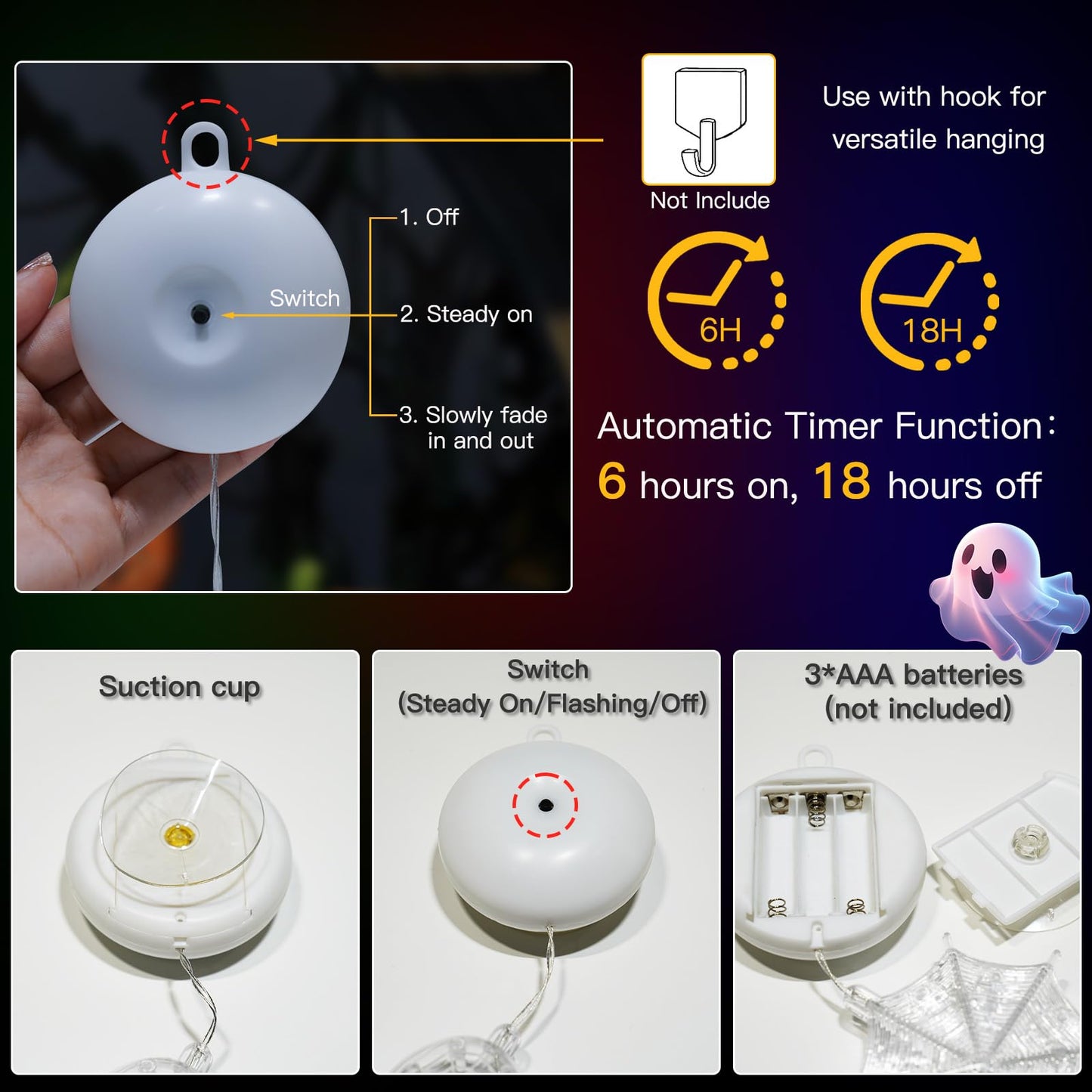 suddus 3 Pack Halloween Window Lights with Suction Cup- Battery Operated Lights Indoor with Timer - Orange Pumpkin, Purple Spider & White Ghost Decorations for Party, Room, Window, Door, Wall, Indoor