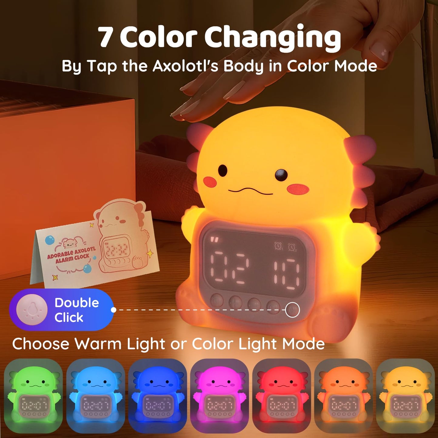 Aokpsrt Axolotl Alarm Clock with Night Light for Kids, Rechargeable Silicone Lamp Time to Wake Clock，Cute Animal Tabletop Lamp, Perfect Sleep Companion for Boys Girls