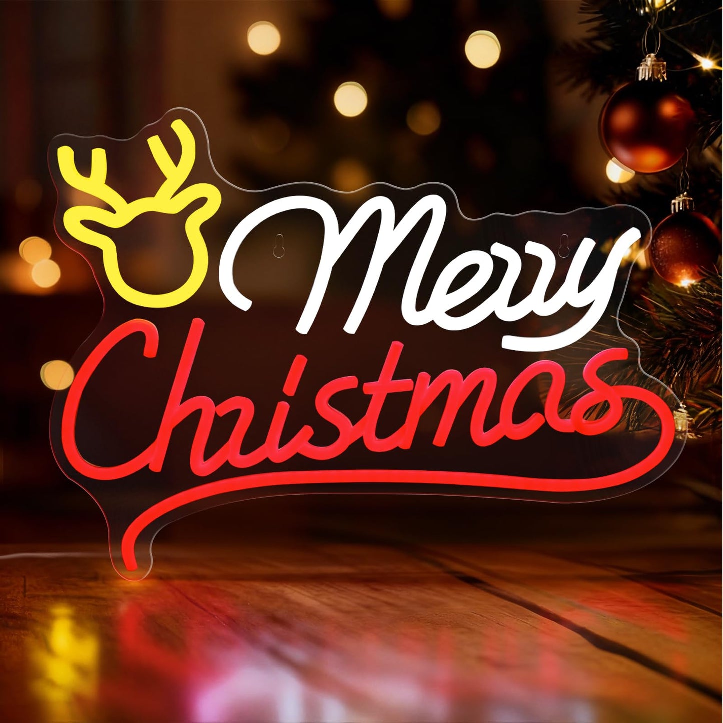 Mvorixa Merry Christmas Neon Sign, Reindeer Neon Sign – LED Light Up Christmas Sign, Home Living Room Wall Decor, Xmas Neon Signs, 15.91x11.85in, USB Powered, Adjustable Brightness