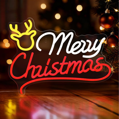 Mvorixa Merry Christmas Neon Sign, Reindeer Neon Sign – LED Light Up Christmas Sign, Home Living Room Wall Decor, Xmas Neon Signs, 15.91x11.85in, USB Powered, Adjustable Brightness