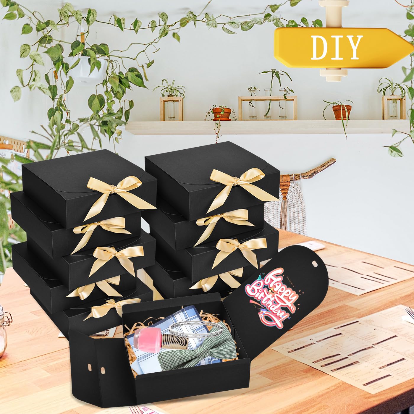 WLUSEAXI 10pack Gift Boxes with Lids, 6.5''x6.5''x2'' Black Gift Boxes For Presents, Paper Boxes Gift Boxes with Ribbon for Birthday Wedding Party Chocolate Candy