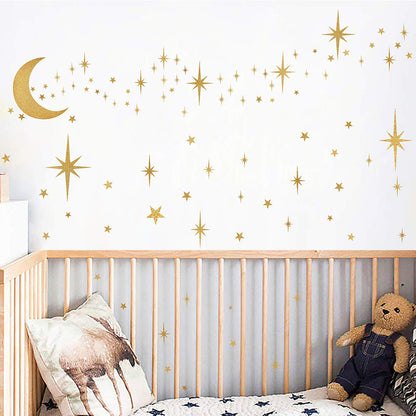 Retro Starburst Wall Decals Stars Wall Stickers Atomic Star Vinyl Decal Golden Star Moon Decals Celestial Decor Bedroom Nursery Walls Sticker Peel and Stick Sparkle Moon Art Mural Decal