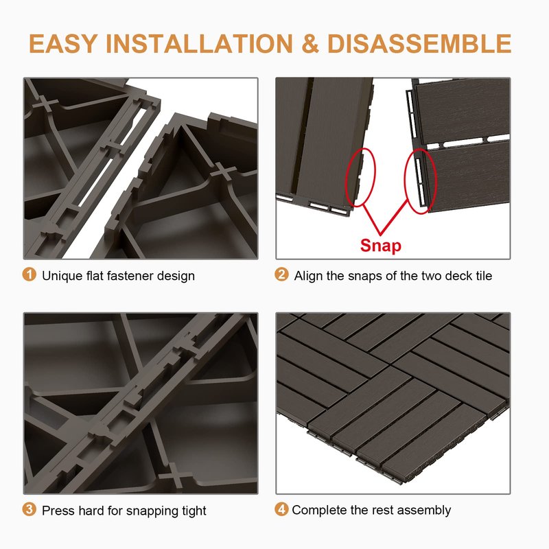 Goovilla Plastic Interlocking Deck Tiles, 9 Pack Balcony Flooring, 12"x12" Waterproof Outdoor Flooring All Weather Use, Patio Floor Decking Tiles for Porch Poolside Backyard Concrete, Dark Coffee