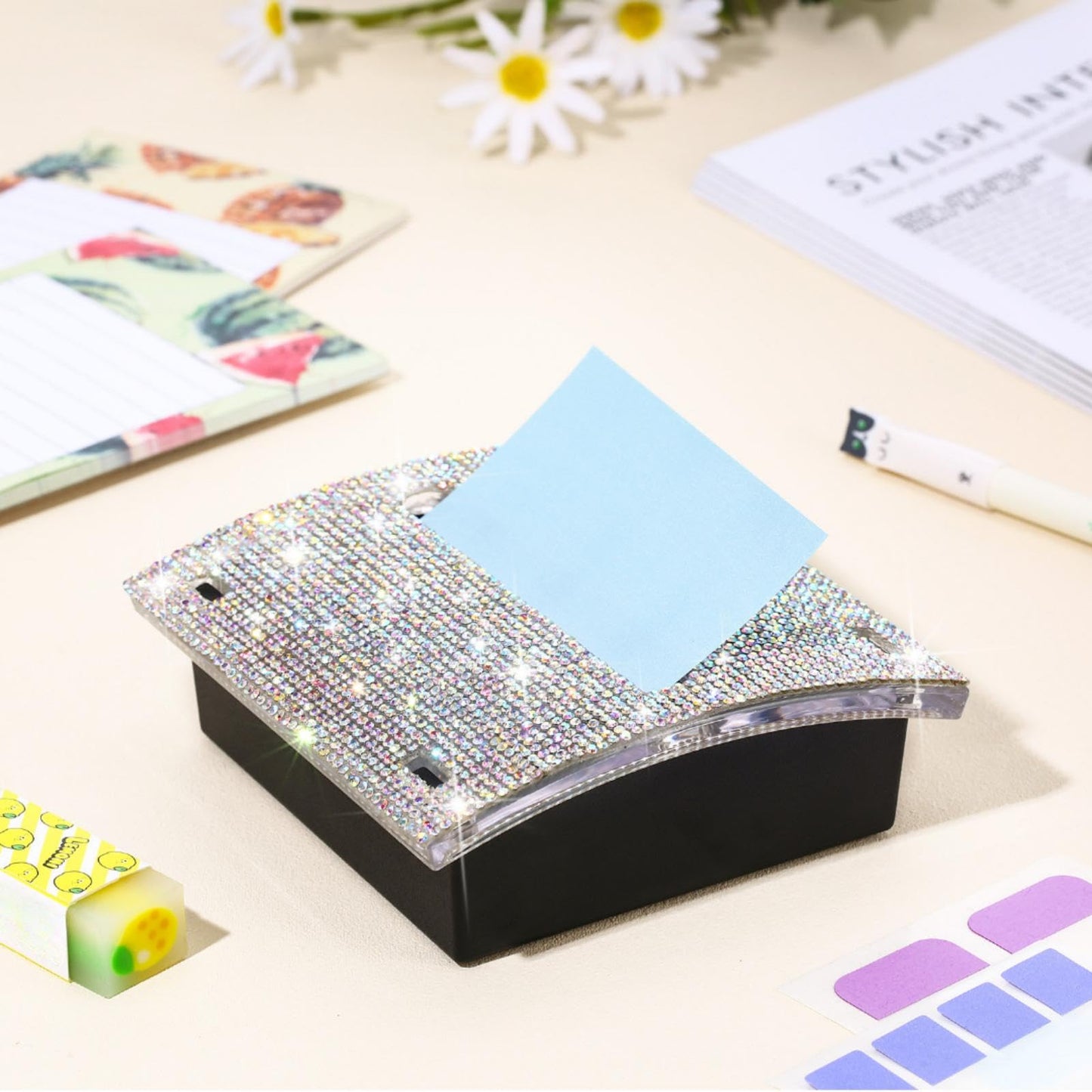 Eersida Rhinestone Self Stick Note Pad Holders 4 x 4 Inches AB Color Cute Note Holder Sticky Dispenser Bling Memo Stick Dispenser for Office Employee Coworkers Gifts Home Desk Supplies