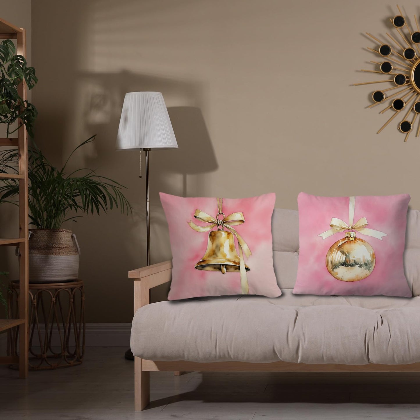 JINYO Coquette Gold Christmas Bauble Bell Pillow Covers 18x18, Coquette Christmas Decor, Pink and Gold Xmas Ornament Holiday Throw Pillow Covers for Home Room Dorm Apartment Sofa Couch Set of 2