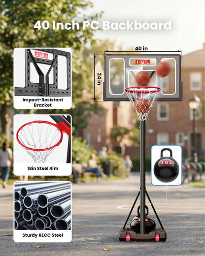 IGL Portable Basketball Hoop Outdoor, 3-10ft Adjustable Height, 40" Shatterproof Backboard, Fillable Base, Basketball Goal System for Driveway Backyard Pool, Fun for Family & All Ages