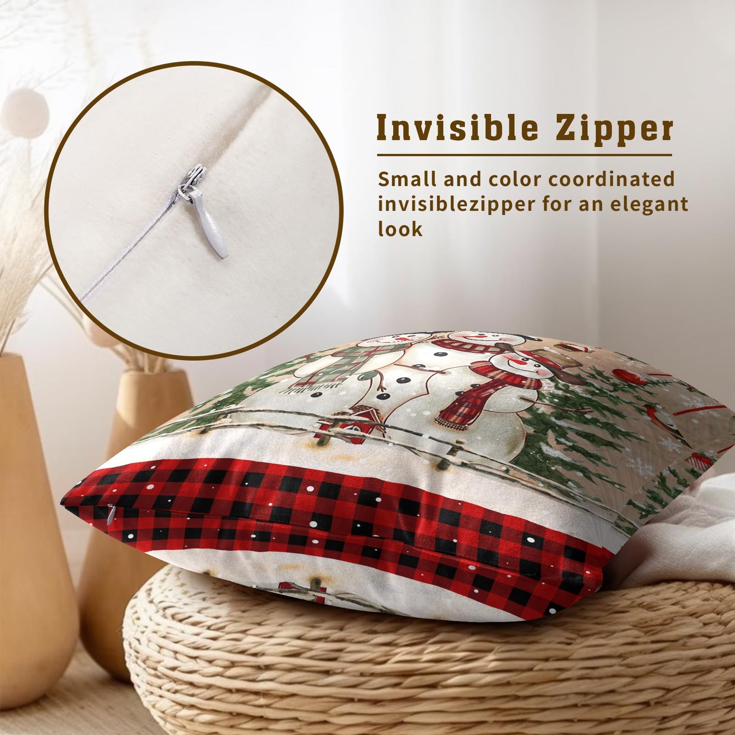 Giwawa Winter Snowman Throw Pillow Covers 18x18 Inch Set of 2 Red Buffalo Plaid Cushion Cover Accent Pillow Protector for Home Sofa Bedroom Decor
