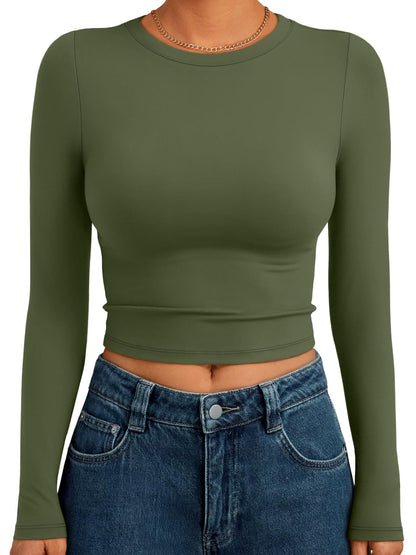 Trendy Queen Womens Long Sleeve Crop Tops Basic Slim Fitted Shirts Fashion 2025 Going Out Y2k Tops Teen Girl Clothes