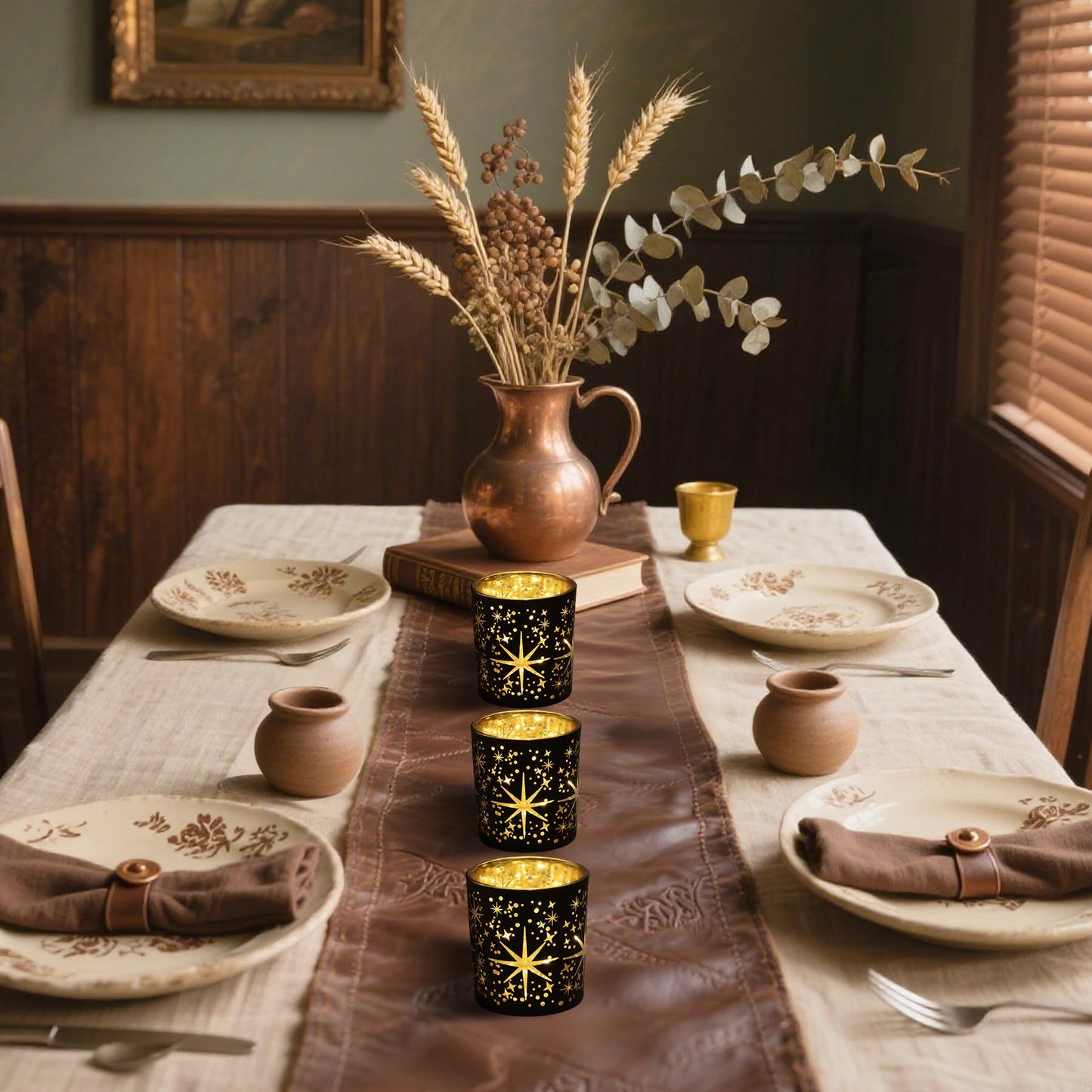 Toptime Votive Candle Holders Black and Gold, Glass Tealight Candle Holder Set of 3 with Stars Pattern, Vintage Tea Light Holders for Christmas Table Centerpiece Birthday Party Vanlentine's Day