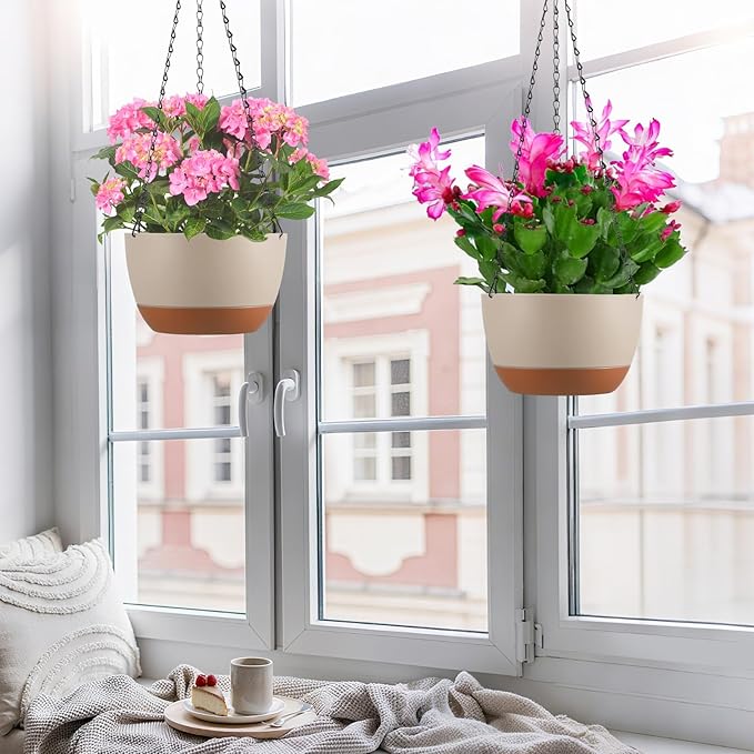 Set of 2 10 Inch Self Watering Hanging Planters for Indoor Outdoor Plants, Color Blocking Hanging Baskets Flower Pots with Drainage Hole & Removable Water-Storage Tray and 20" Chain Hanger