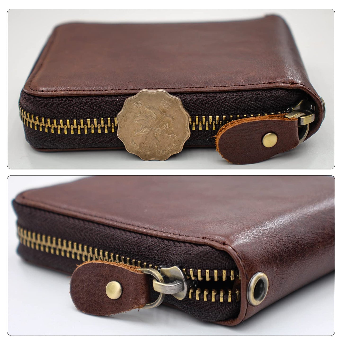 boshiho Real Leather RFID Blocking Bifold Wallets for Men Double Zipper Coin Pocket Purse with Anti-Theft Chain (Coffee 02)