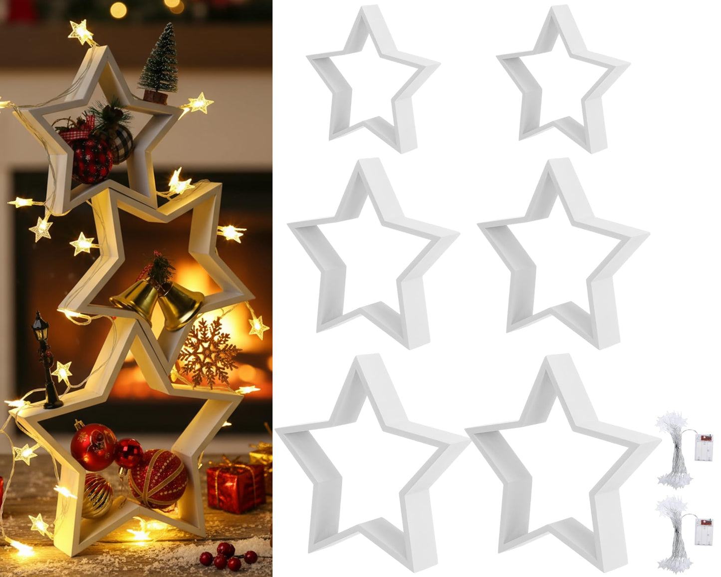 Geelin 6 Pcs Christmas Wooden Star Tabletop Centerpiece Sign with Light Strips Tape DIY Xmas Ornament for Farmhouse Fireplace Mantle Table Crafts Bookshelf Tiered Tray Decor (White)