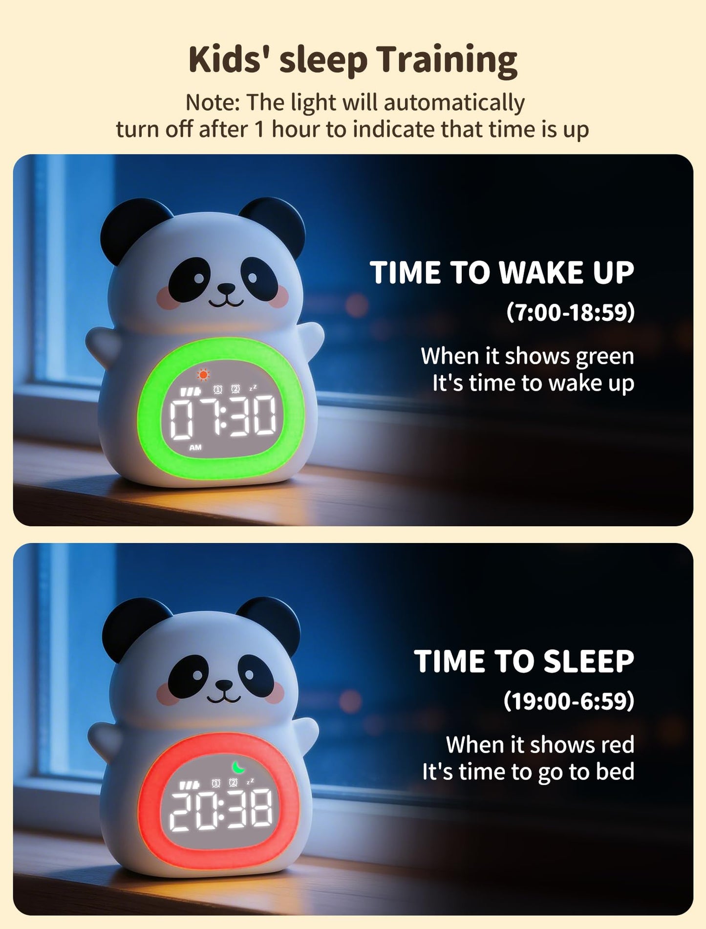 MASHI Panda Kids Alarm Clock, Sun & Moon Sleep Trainer for Toddlers, Cute Animal OK to Wake Clock with 9 Color Night Light, 6 Soothing Sounds, Dual Alarm, for Boys & Girls