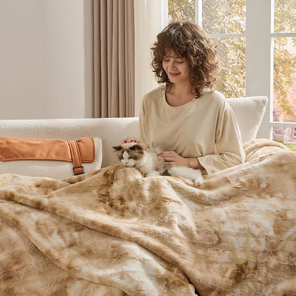 Krifey Oversized Faux Fur Blanket, Super Soft Cozy Blanket, Luxury Fluffy Throw Blanket Fuzzy Bed Throw, Plush for Women, Marbled Beige 60" x 80"
