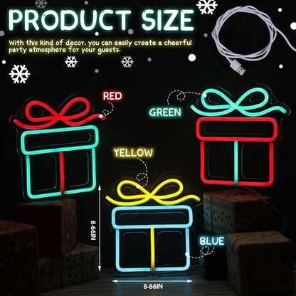 ROCEEI 3 Pcs Christmas Neon Sign, Neon Lights Gift Box LED USB Wall Bar Living Room Decor for Winter Party Holiday Night Bedroom Gifts