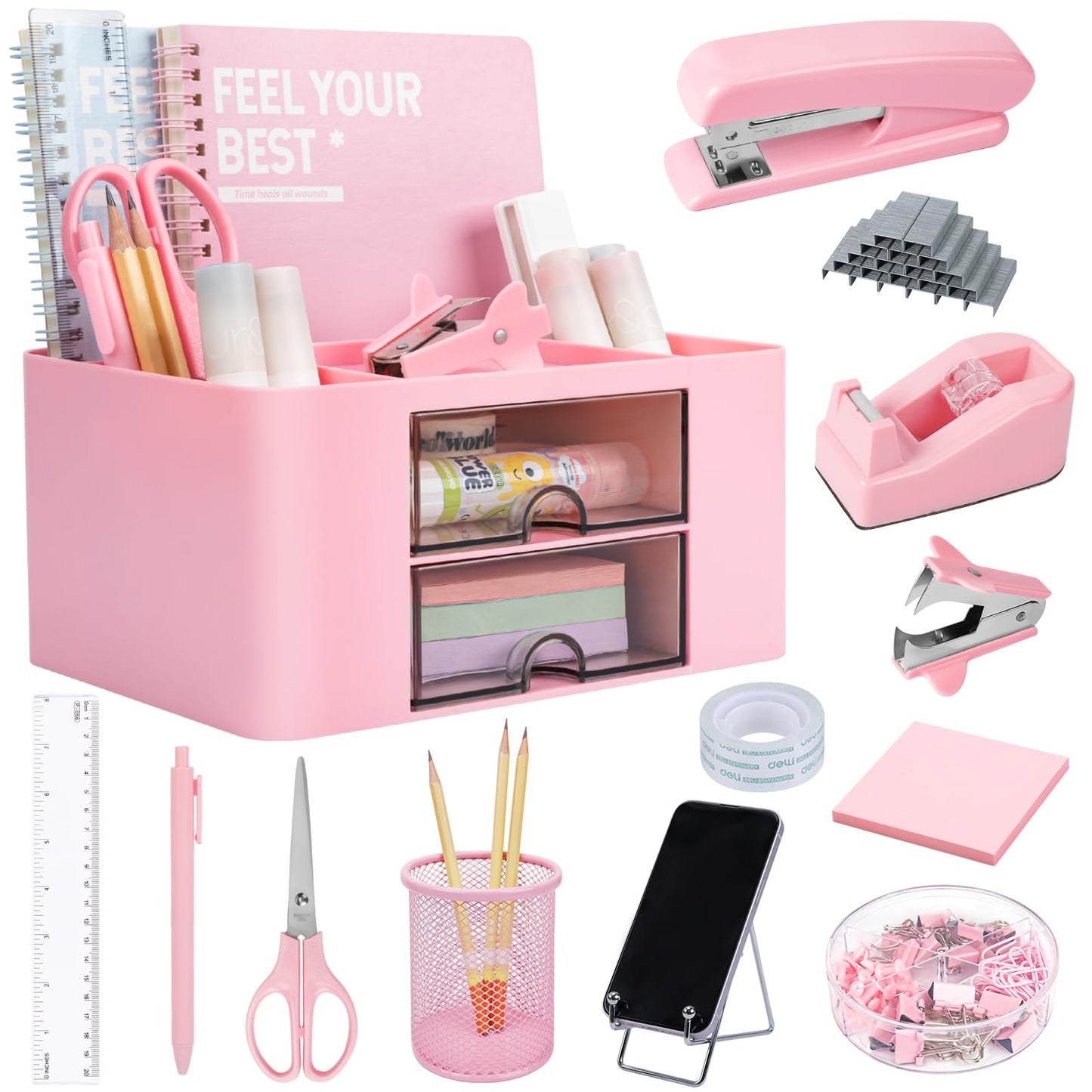 Pink Desk Organizers and Accessories 12+1Pcs, Office Supplies for Desk, Pen Organizer with 2 Drawers with Stapler,1000 Staples, Phone Holder, Tape Dispenser, Pen Holder, Sticky Note, Clips, Ruler,Etc