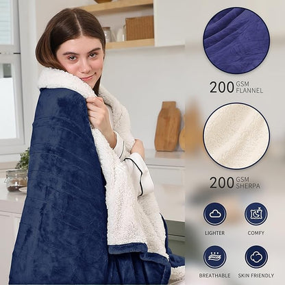 Heated Blanket Full Size, Soft Cozy Flannel Sherpa Electric Blanket with Fast Heating & Overheat Protection, Machine Washable Heating Blanket with Timer for Bed Camping Office, 72" x 84", Navy Blue