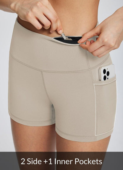 baleaf Gym Shorts Women 3" Biker Workout Yoga Spandex Running Volleyball Tummy Control Compression with Pockets Khaki XXXL