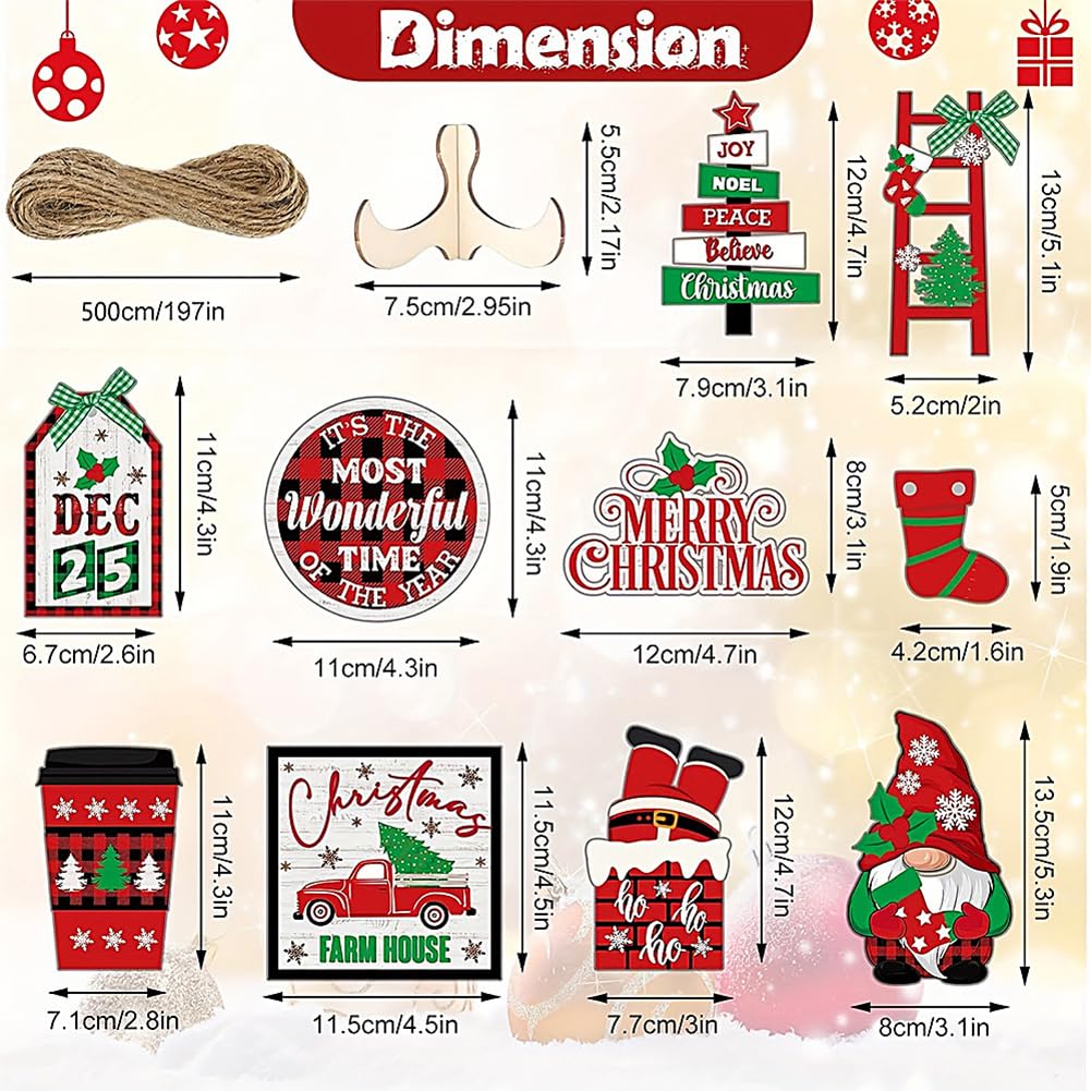 FRANDEK 14Pcs Christmas Tiered Tray Decoration Set, Wooden Winter Holiday Decor with Santa Gnome Sock Designs, Fireplace Mantel Centerpiece Decorations for Home Shelf Fireplace Kitchen Home Party