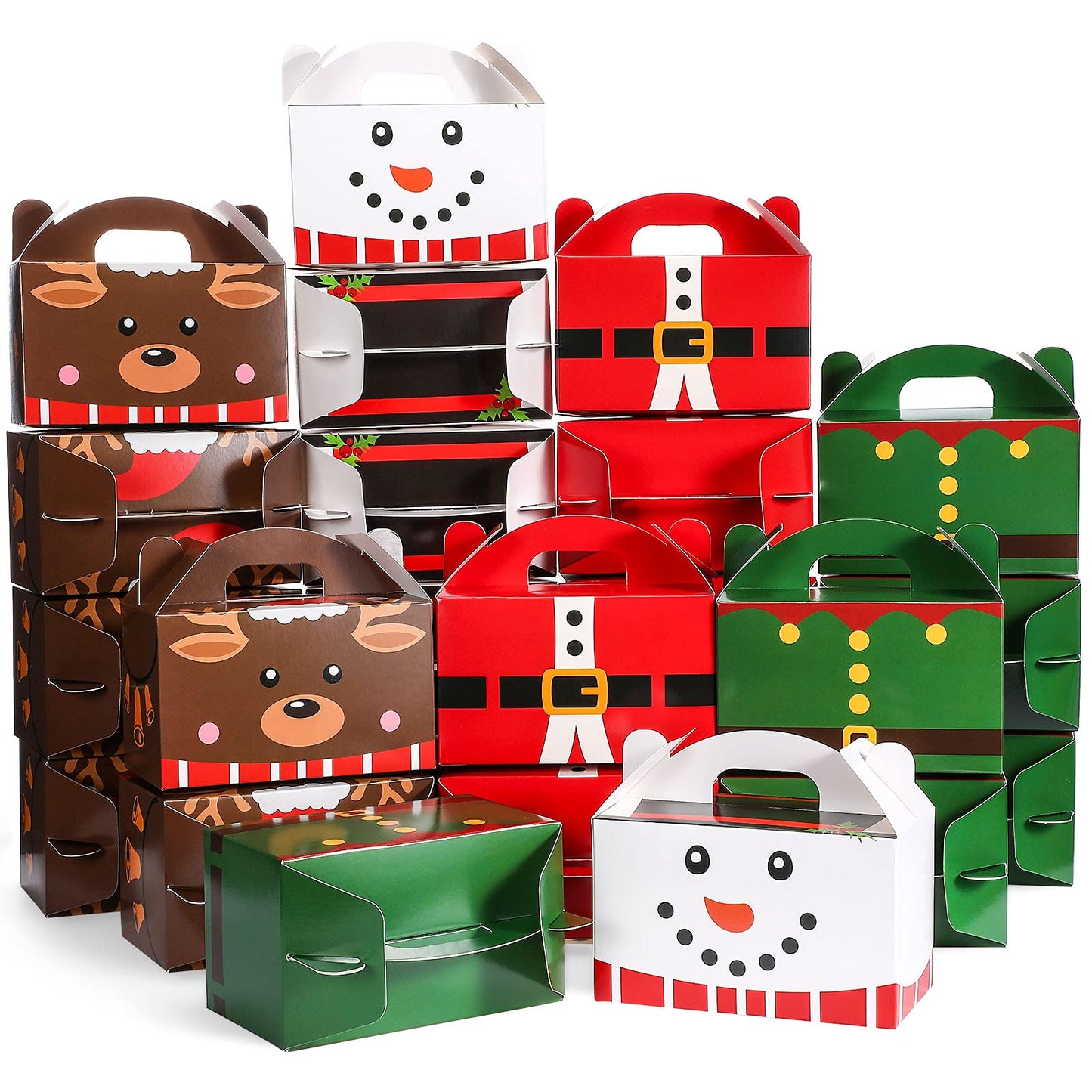 Clabby 24 Pcs Christmas Treat Boxes with Handles 3D Christmas Cookie Gift Boxes Cardboard Goodie Candy Bags Xmas Santa Elf Snowman Elk Gingerbread Holiday Party Favor Supplies, 4 Design(Cute Style)