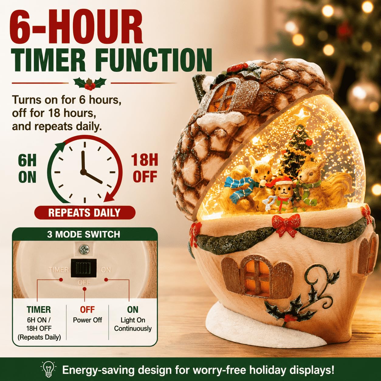 Christmas Pinecone Snow Globe Lantern with 6 Hours Timer, 3 AAA Battery Operated Glittering Water Globe, Lighted Squirrel Family Snow Globes for Xmas Mantel Tabletop Shelf Holiday Decorations Gifts