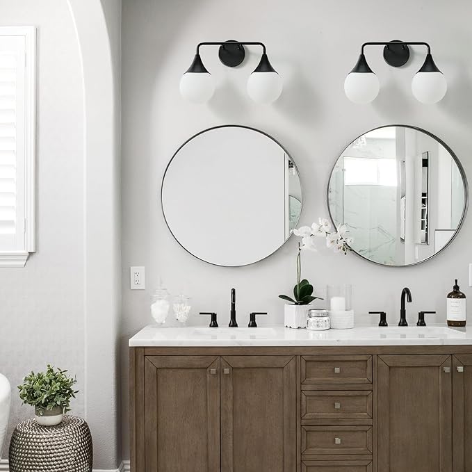 Bathroom Vanity Light Fixtures: 2 Lights Mid Century Farmhouse Bathroom Lighting Fixtures Over Mirror - Matte Black Wall Sconces with Frosted Globe Glass for Hallway Restroom
