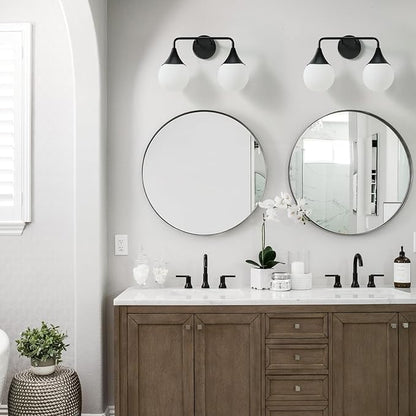 Bathroom Vanity Light Fixtures: 2 Lights Mid Century Farmhouse Bathroom Lighting Fixtures Over Mirror - Matte Black Wall Sconces with Frosted Globe Glass for Hallway Restroom