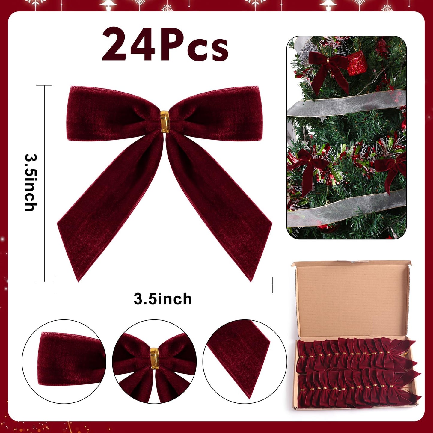 Utehilly 24 Pcs Burgundy Small Velvet Christmas Bows for Christmas Tree, Wreath, Gift Wrapping, Crafts, Wedding, Party, Twist Tie Bows for Treat Bag Bakery Candy Bags, Home Decor 1" W,3.5 x 3.5 inch