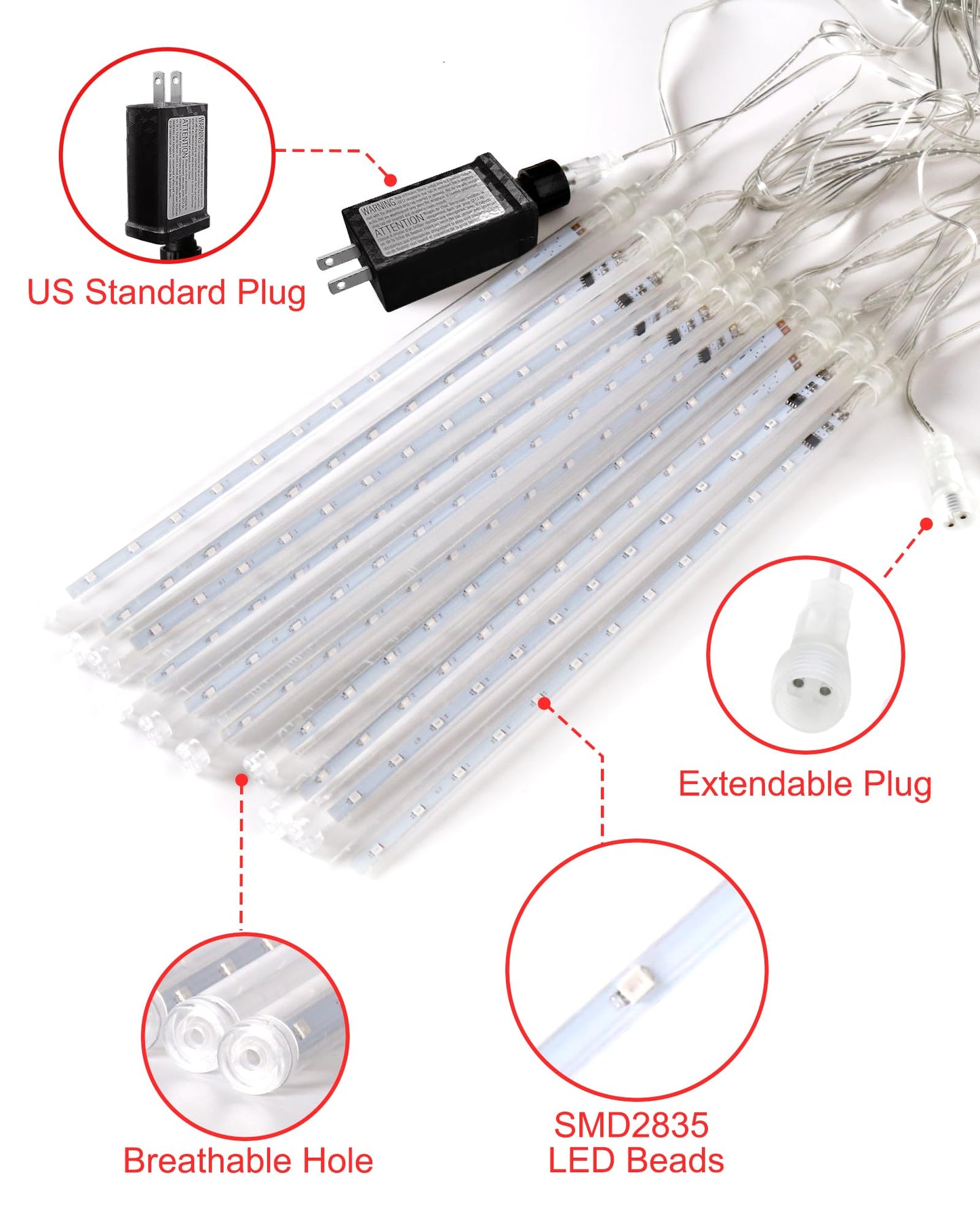 Blingstar Meteor Shower Lights Outdoor 10 Tubes 16 Inch 360 LED Christmas Waterproof Falling Rain Plug-in Dripping Icicle for Tree Porch Roof Yard Xmas Halloween Decoration, Red