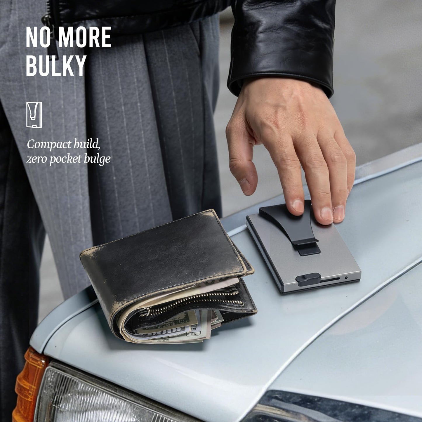 Slimwalt Slim Front Pocket Card Holder for Daily Commute & Travel, Minimalist RFID Blocking Mens Wallet for 4-6 Cards and 1 ID - Pop Up Wallet for Men with ID Window & Money Clip, Grey