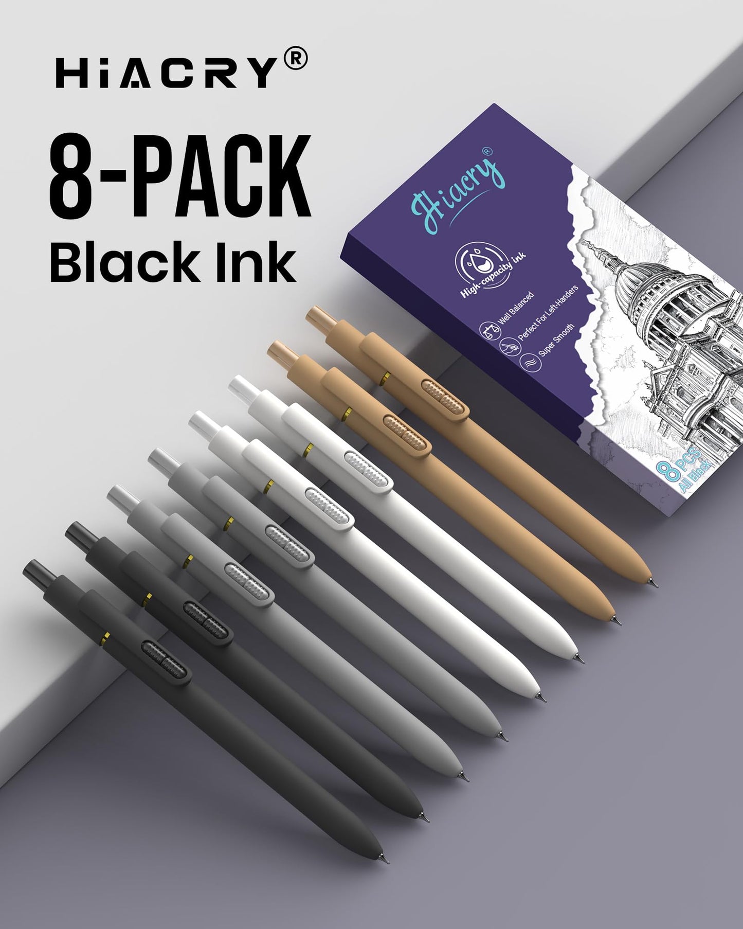 Hiacry 8 Pcs Gel Pens - 0.7mm Fine Point Smooth Writing Black Ink, Quick-Dry Long Lasting Fidge Pens, School & Office Supplies for Men Women
