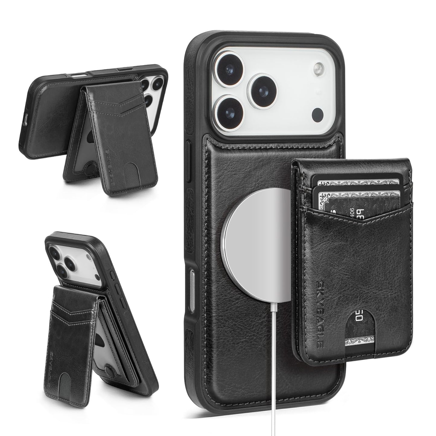 SkyEagle Compatible with Magsafe 2 in 1 Detachable iPhone 17 Pro Max Wallet Case with Card Holder,Women Men Magnetic PU Leather RFID Blocking Flip Kickstand Credit Slots,for Apple 17 ProMax,Black