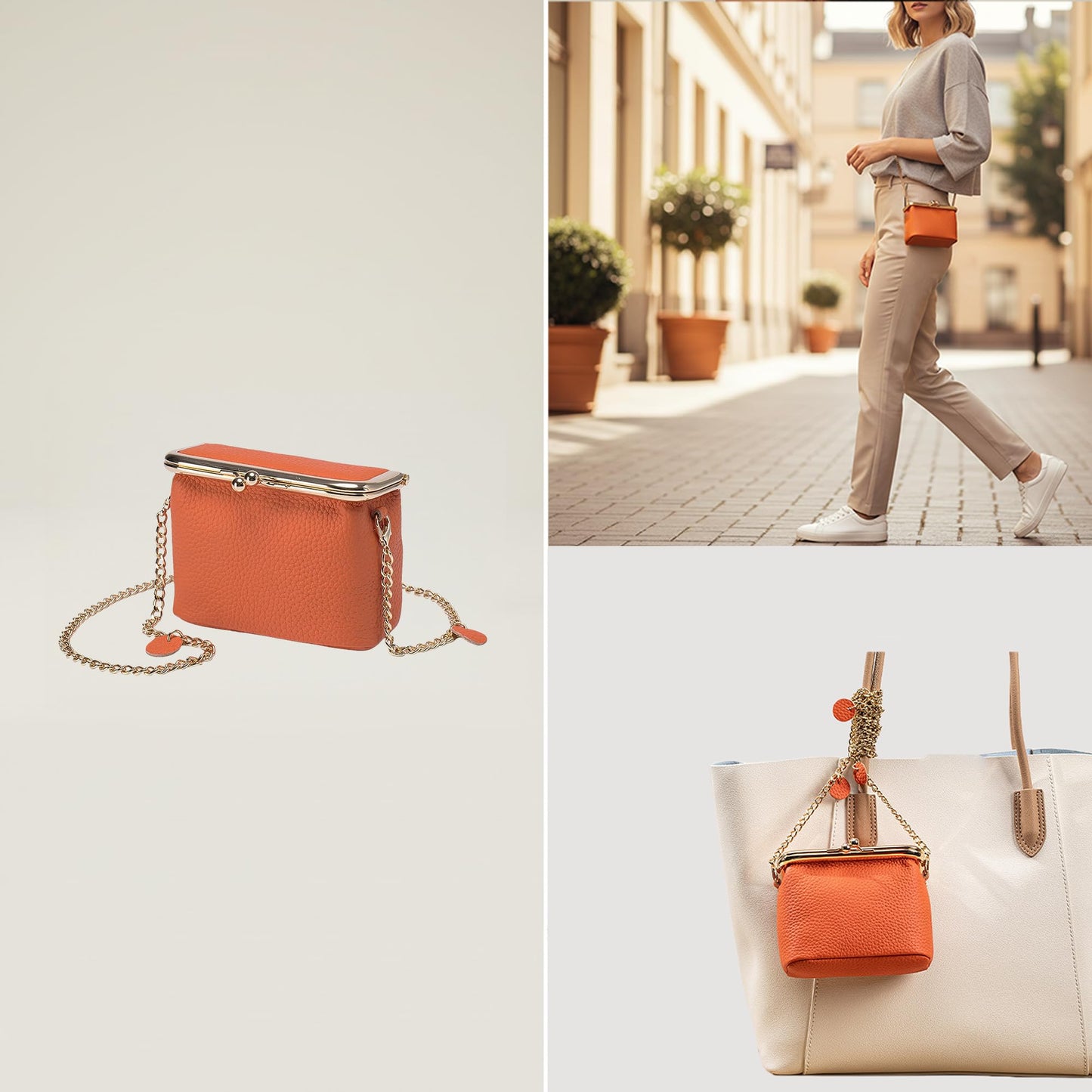 Fashion Crossbody Coin Purse for Women Small Credit Card Holder Wallet with Chain Leather Compact Wallet for Cash, Keys, Lipstick (Orange)