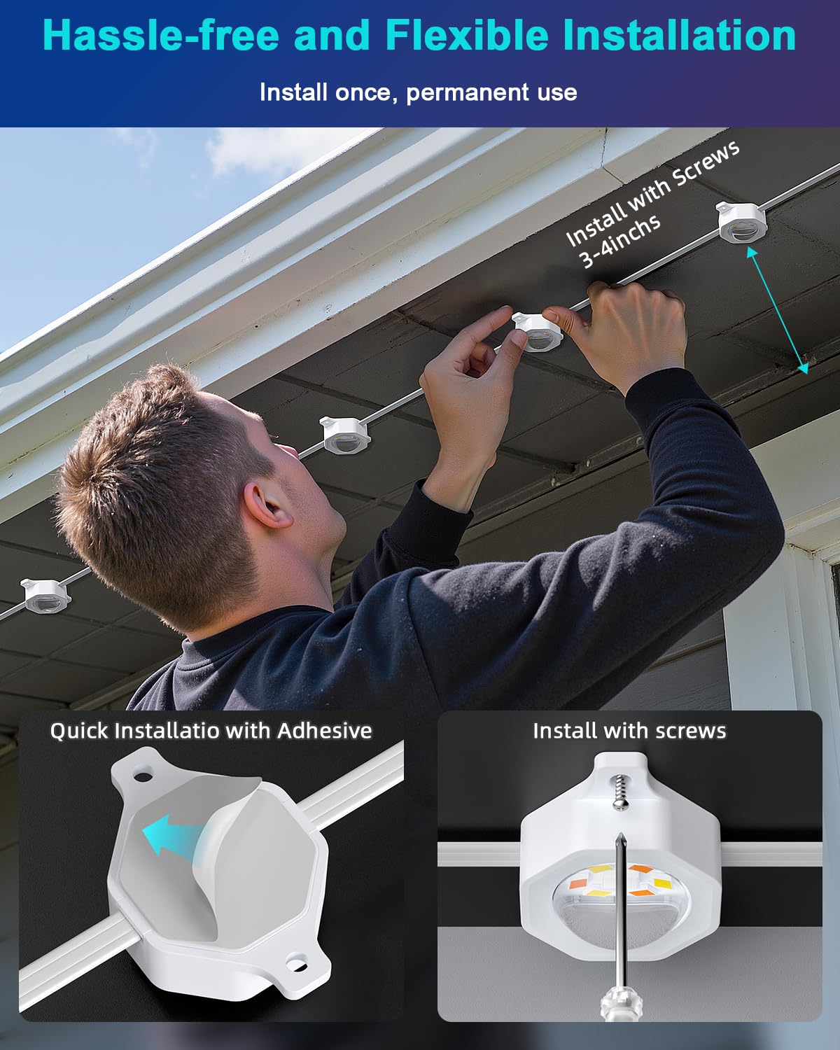 REYLAX Permanent Outdoor Lights Pro, 100ft with 72 Triple-LED 135lm, RGB+IC Smart Eaves Christmas Lights for House, IP67 Waterproof, Multi Scenes for Outdoor Decor, Works with Alexa, Google, Remote