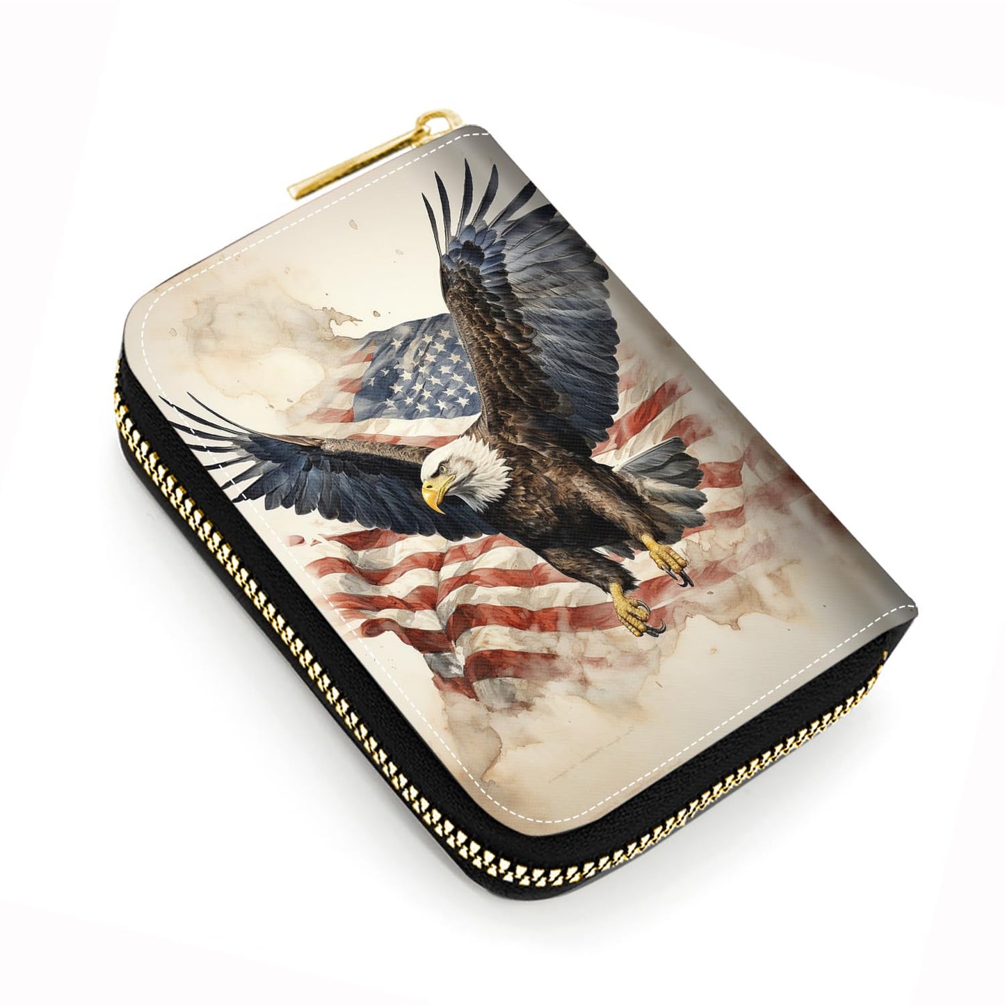 WEUIUJKILO Credit Card Holder Wallets for Women, Patriotic American Flag Bald Eagle Design RFID Blocking Small Leather Card Case Wallet with Zipper Accordion Wallets