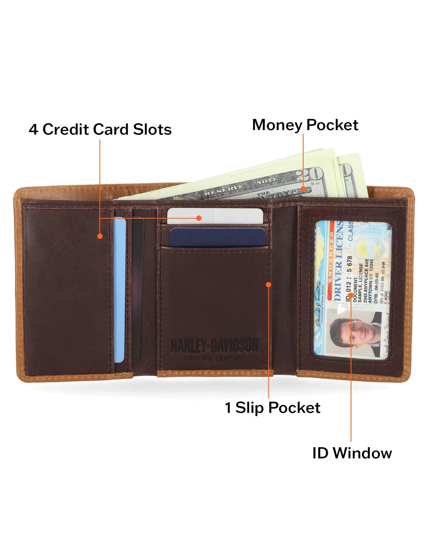Harley-Davidson Men's Genuine Leather Rfid Blocking Trifold Wallet, Cognac (Indo), Standard