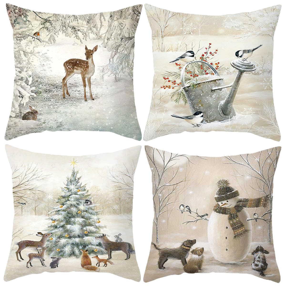 Animals Throw Pillow Cover Christmas - 18 x 18 Inch Pet Snowman Vase Deer Dog Rabbit Bird Xmas Tree Pillow Case - Set of 4 Square Winter Snowfield Pillowslip, Great for Sofa, Patio, bedroom Decor