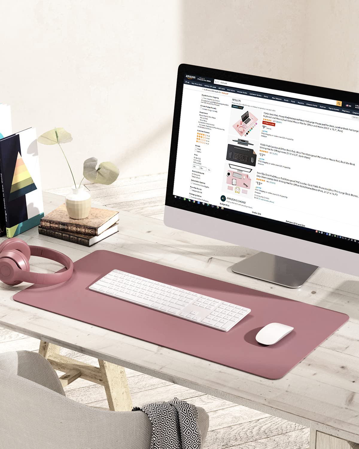 YSAGi Non-Slip Leather Desk Pad Blotter, Waterproof Laptop Computer Desk Keyboard Mat, Table Protector Mat, Large Mouse Pad for Office/Work/Home/Decor(Dark Pink, 31.5" x 15.7")