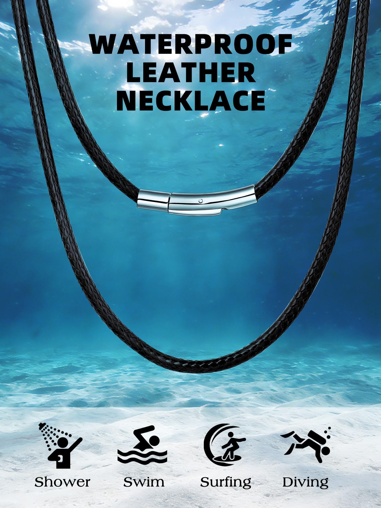Bestyle 3MM Black Leather Necklace for Men Women,Waterproof Wax Woven Rope Chain with Stainless Steel Clasp, Leather Cord Necklace for Pendants 30"