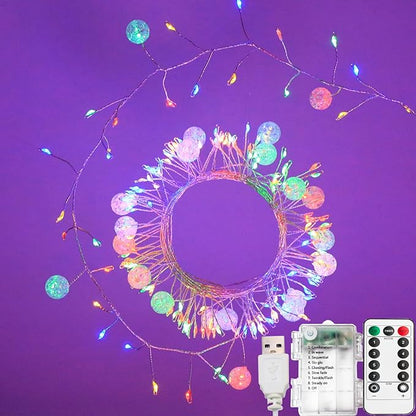 Copper Wire Firecracker Christmas Lights, 10FT 200LED Battery Operated Twinkle Cluster Fairy Lights for Christmas Tree with Remote for Bedroom Dorm Wreath DIY Wedding Christmas Decoration
