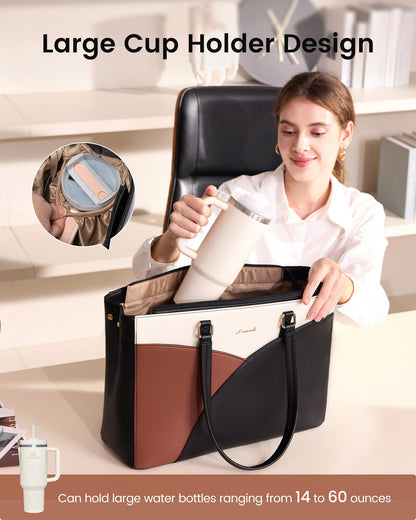 LOVEVOOK Laptop Bag for Women,15.6 Inch Work Teacher Bags Leather Tote Bag Briefcase Waterproof Computer Bag for Women，Black-White-Brown