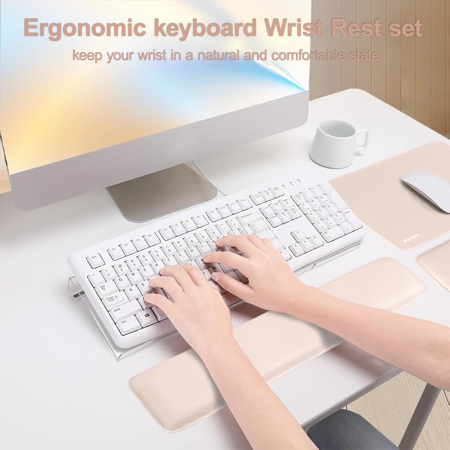 MOSISO Computer Keyboard Stand&Wrist Rest Support for Keyboard and Mouse, Large Rectangular Ergonomic Wrist Rest Mouse Pad Set, Pain Relief Easy Typing Non-Slip Cushion Pad for Home/Office, Apricot