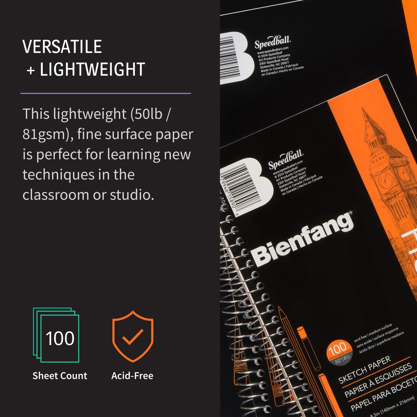 Bienfang Sketch Pad 11x14 Inch, 100 Sheets of 60lb 90gsm Art Paper, Spiral Bound Sketch Book Drawing Notebook