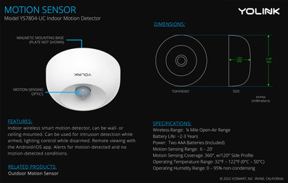 YoLink LoRa 1/4 Mile Wireless Range Smart Motion Detector, Indoor Motion Sensor, Motion Detector, Alexa, IFTTT, YoLink Hub Required