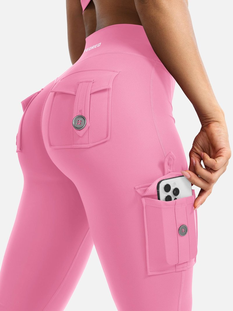 YEOREO CoreFlex Women Workout Flare Leggings with Pockets Hidden Scrunch Cargo Gym Yoga No Front Seam Leggings Pink XXL
